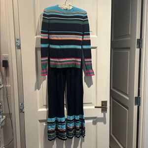 Mirae Paris Ribbed Stripe Knit Top/Matching Pants Aqua, black, orange pink Small
